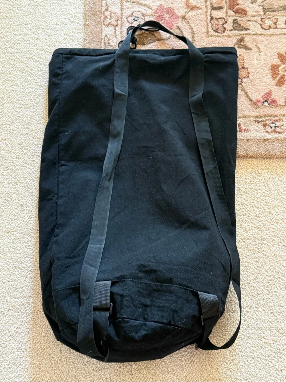 Black backpack laundry dorm Canvas Drawstring Backpack with Front Mesh Pocket